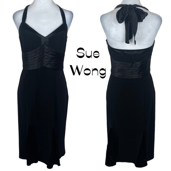 Sue Wong Black Silk Blend Halter Party Event Occasion Midi Dress NWT Size 6 - Picture 2 of 13